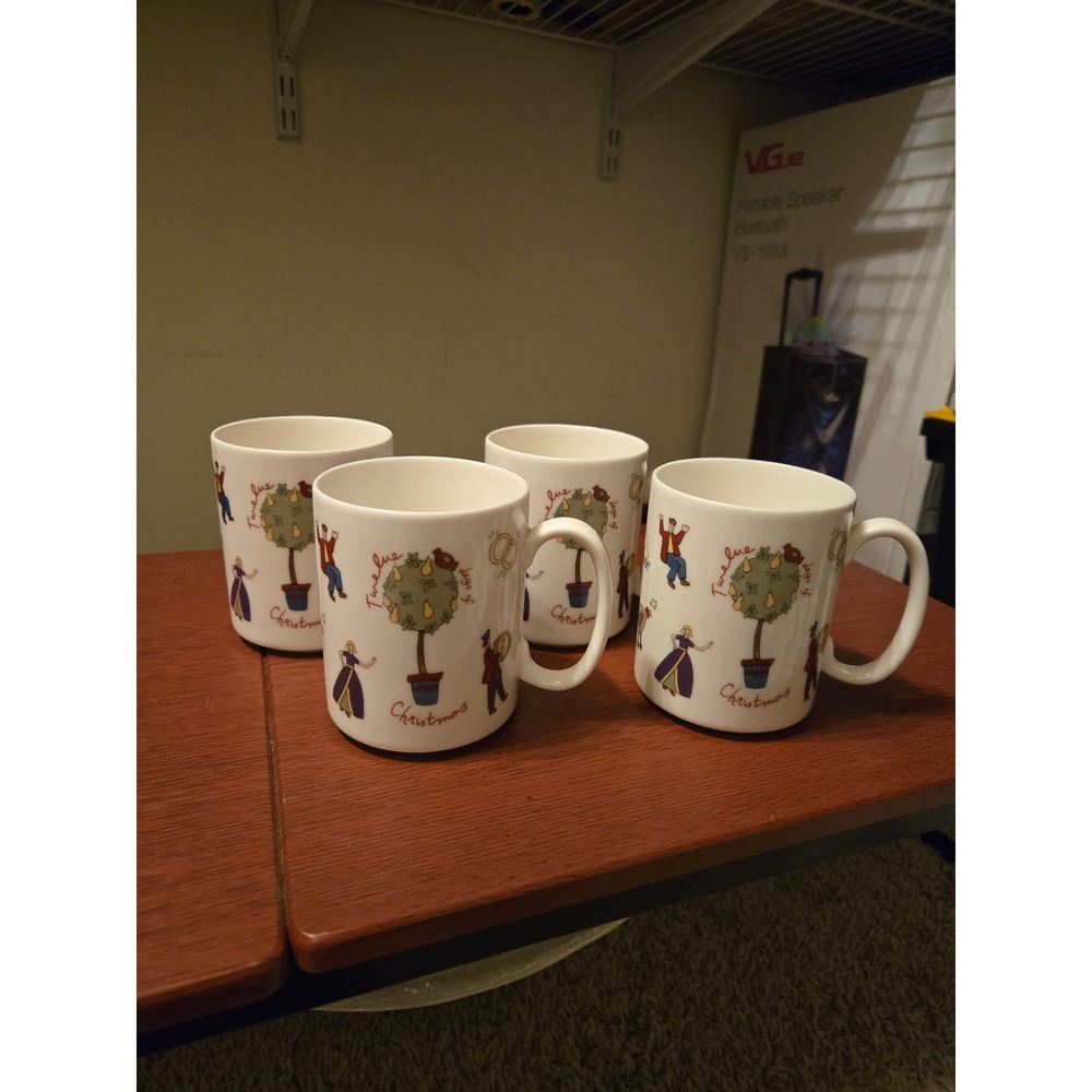 Set of 4 Twelve Days of Christmas Coffee Mugs Holiday White Ceramic Tea Cups